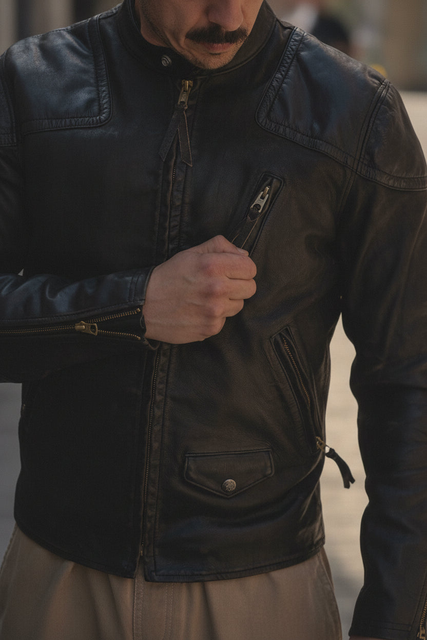 RRL Slim Fit Leder-Motorradjacke - Black washed